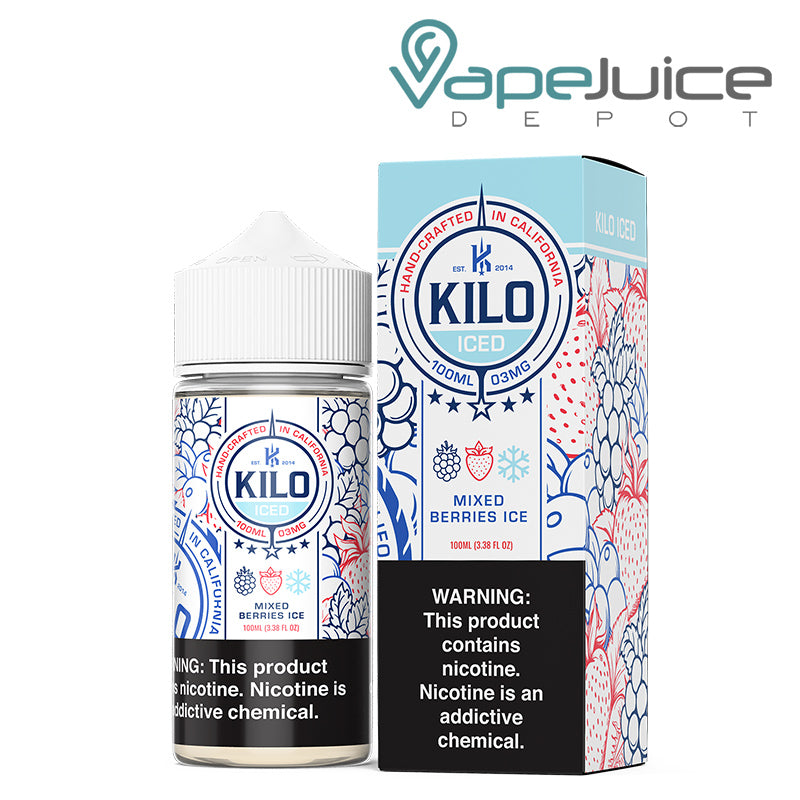A 100ml bottle of Mixed Berries Kilo Ice eLiquid and a box with a warning sign next to it - Vape Juice Depot