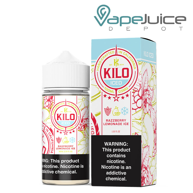 A 100ml bottle of Raspberry Lemonade Ice Kilo eLiquid and a box with a warning sign next to it - Vape Juice Depot