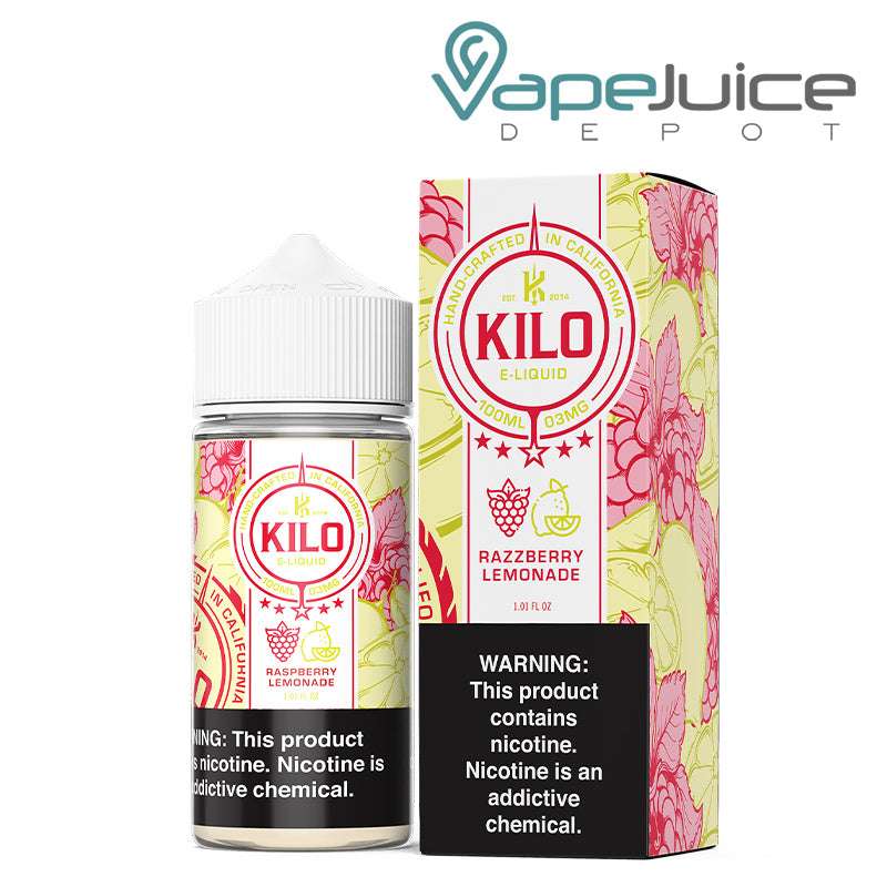A 100ml bottle of Raspberry Lemonade Kilo eLiquid and a box with a warning sign next to it - Vape Juice Depot