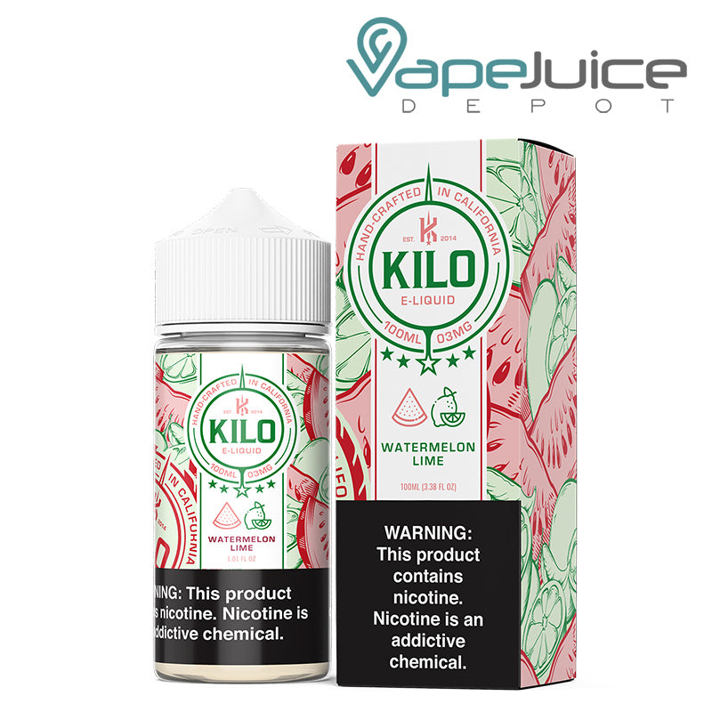 A 100ml bottle of Watermelon Lime Kilo eLiquid and a box with a warning sign next to it - Vape Juice Depot