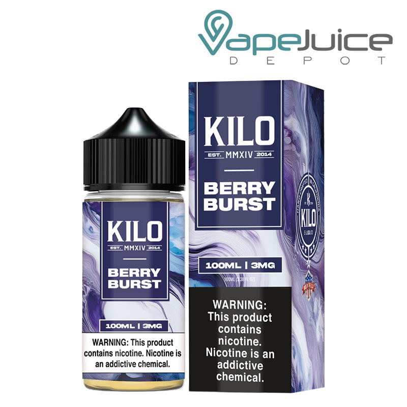 A 100ml bottle of Berry Burst KILO and a box with a warning sign next to it - Vape Juice Depot