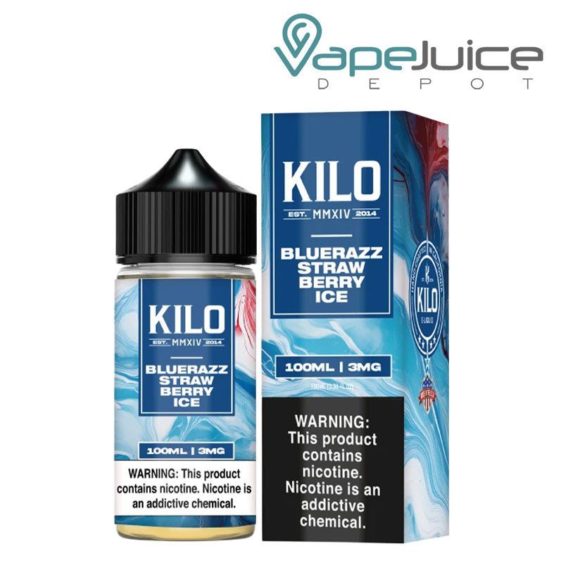 A 100ml bottle of Blue Razz Strawberry Ice KILO and a box with a warning sign next to it - Vape Juice Depot
