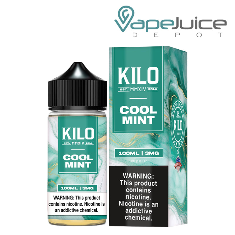 A 100ml bottle of Cool Mint KILO and a box with a warning sign next to it - Vape Juice Depot