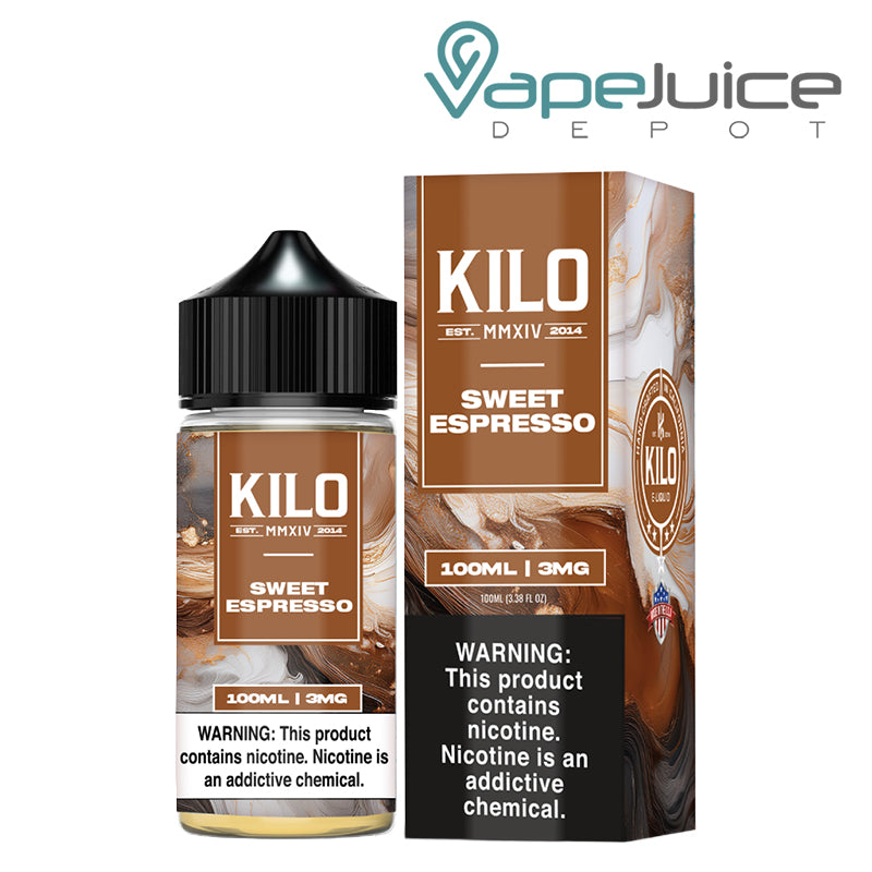 A 100ml bottle of Sweet Espresso KILO and a box with a warning sign next to it - Vape Juice Depot