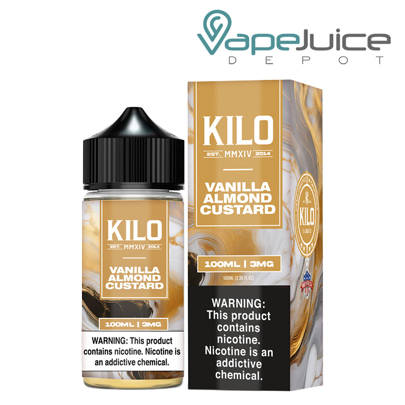 A 100ml bottle of Vanilla Almond Custard KILO and a box with a warning sign next to it - Vape Juice Depot