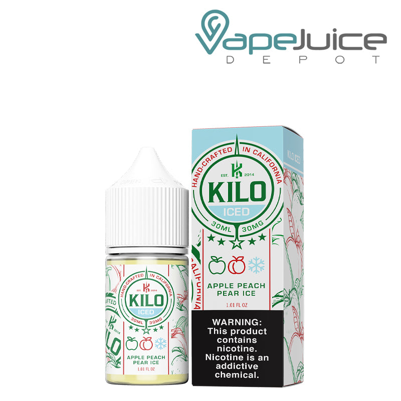 A 30ml bottle of Apple Peach Pear Ice Kilo Salt and a box with a warning sign next to it - Vape Juice Depot