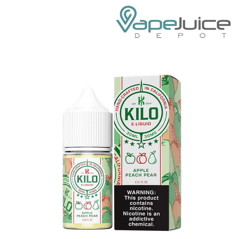 A 30ml bottle of Apple Peach Pear Kilo Salt and a box with a warning sign next to it - Vape Juice Depot