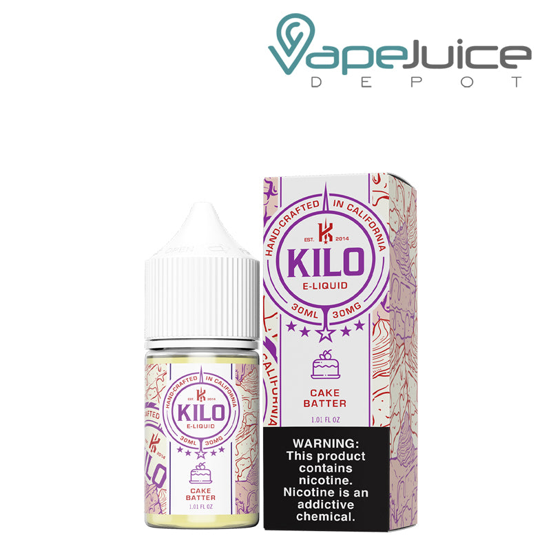 A 30ml bottle of Cake Batter Kilo Salt and a box with a warning sign next to it - Vape Juice Depot