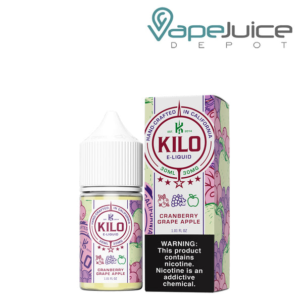 A 30ml bottle of Cranberry Grape Apple Kilo Salt and a box with a warning sign next to it - Vape Juice Depot