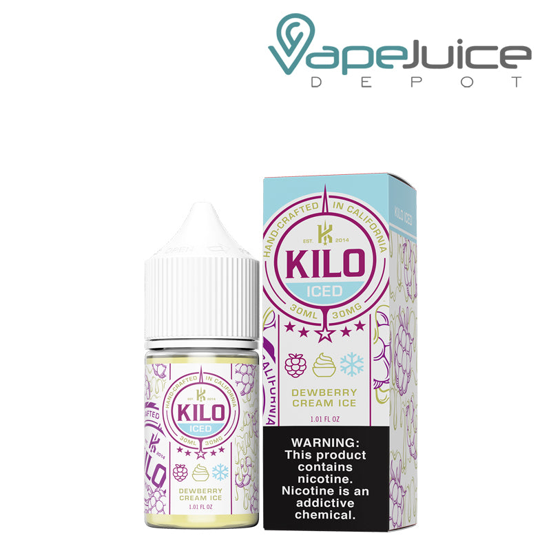 A 30ml bottle of Dewberry Cream Ice Kilo Salt and a box with a warning sign next to it - Vape Juice Depot