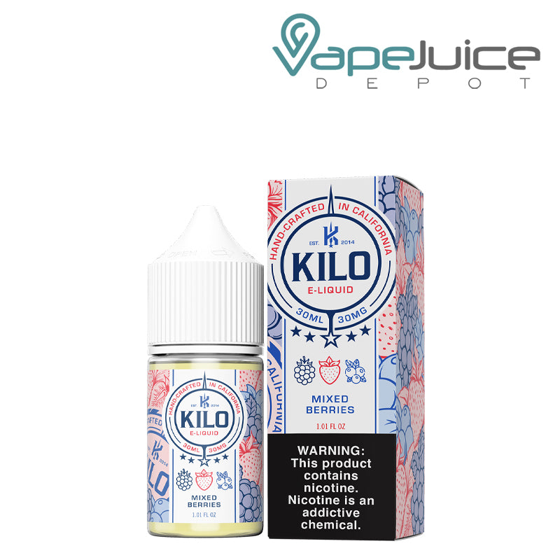 A 30ml bottle of Mixed Berries Kilo Salt and a box with a warning sign next to it - Vape Juice Depot