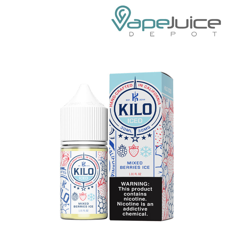 A 30ml bottle of Mixed Berries Ice Kilo Salt and a box with a warning sign next to it - Vape Juice Depot