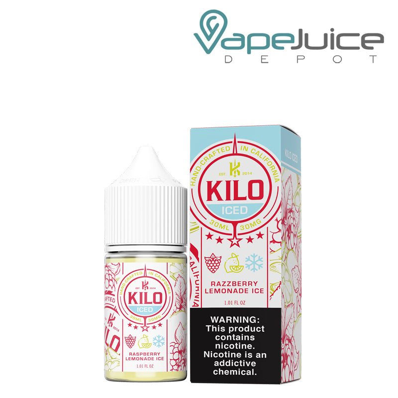 A 30ml bottle of Raspberry Lemonade Ice Kilo Salt and a box with a warning sign next to it - Vape Juice Depot