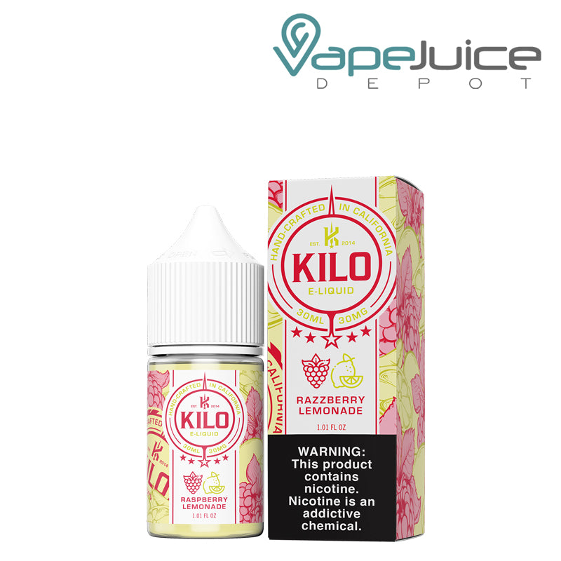 A 30ml bottle of Raspberry Lemonade Kilo Salt and a box with a warning sign next to it - Vape Juice Depot