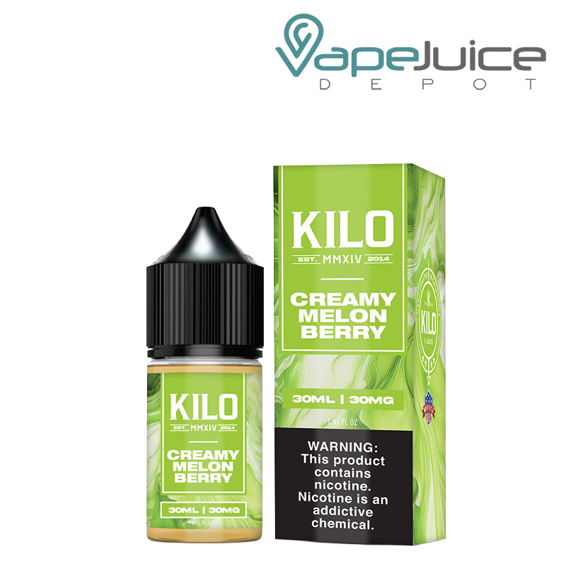 A 30ml bottle of Creamy Melon Berry KILO Salts and a box with a warning sign next to it - Vape Juice Depot