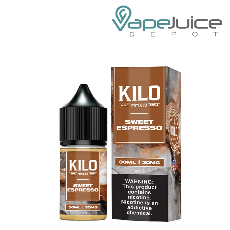 A 30ml bottle of Sweet Espresso KILO Salts and a box with a warning sign next to it - Vape Juice Depot