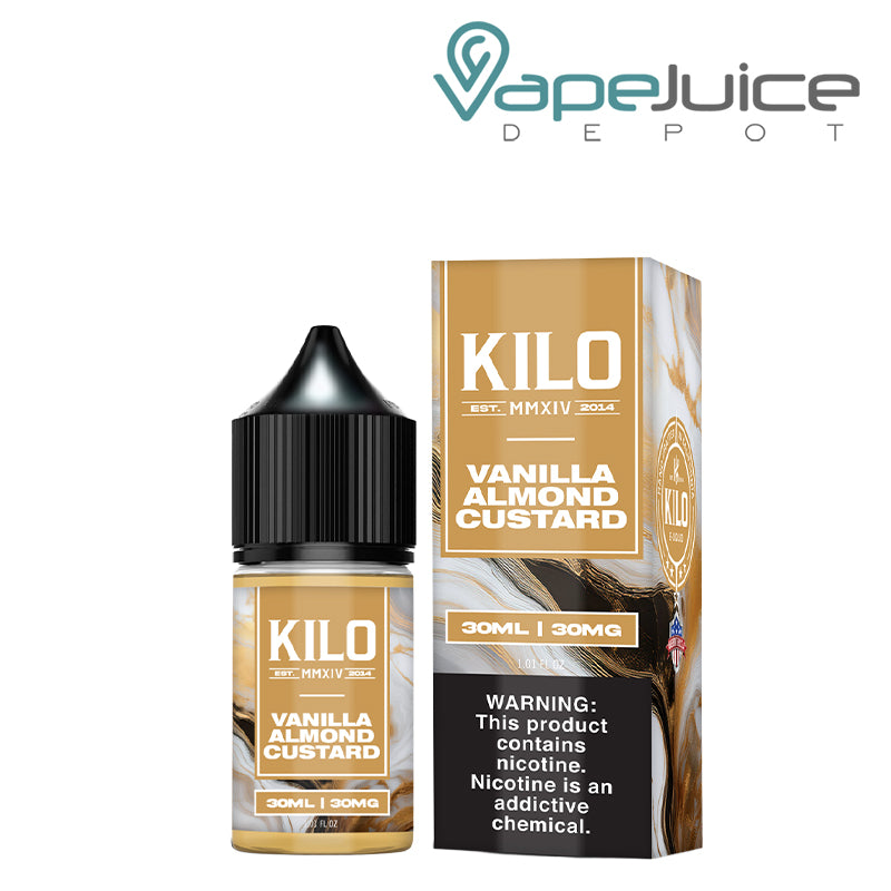 A 30ml bottle of Vanilla Almond Custard KILO Salts and a box with a warning sign next to it - Vape Juice Depot