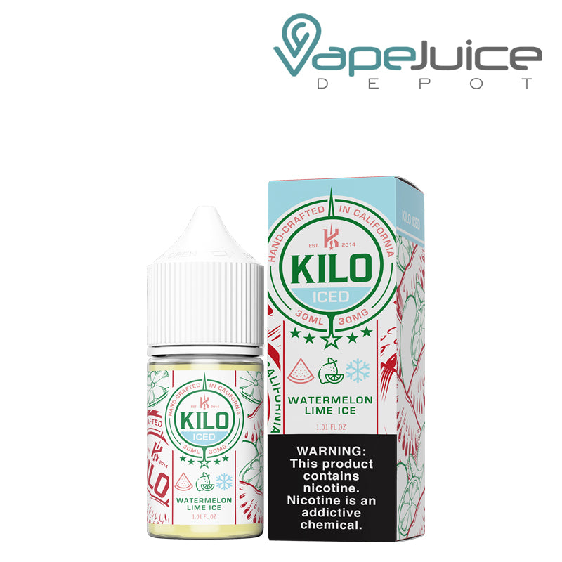 A 30ml bottle of Watermelon Lime Ice Kilo Salt and a box with a warning sign next to it - Vape Juice Depot