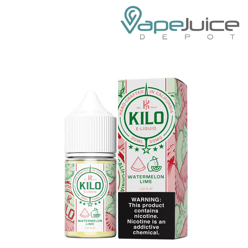 A 30ml bottle of Watermelon Lime Kilo Salt and a box with a warning sign next to it - Vape Juice Depot