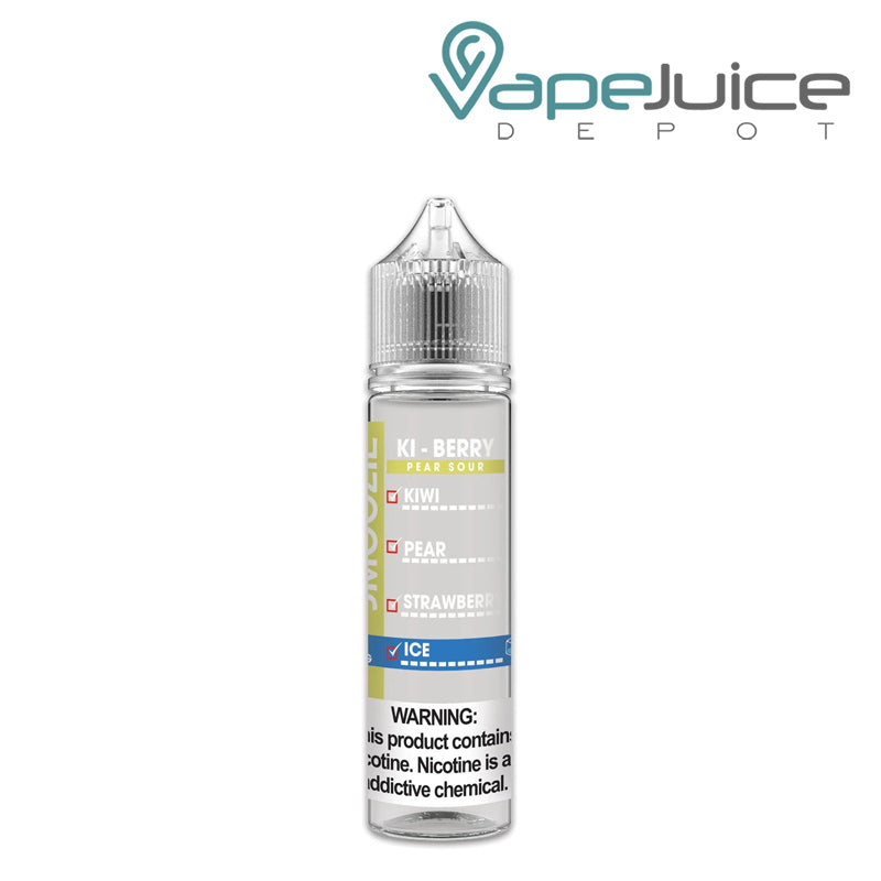 A 60ml bottle of Ki-Berry Pear Sour Ice Smoozie vape Juice with a warning sign - Vape Juice Depot