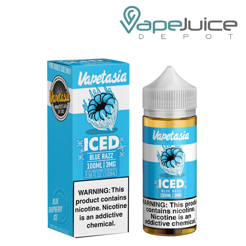 A box of Killer Fruits Blue Razz Iced Vapetasia Synthetic with a warning sign and a 100ml bottle next to it - Vape Juice Depot