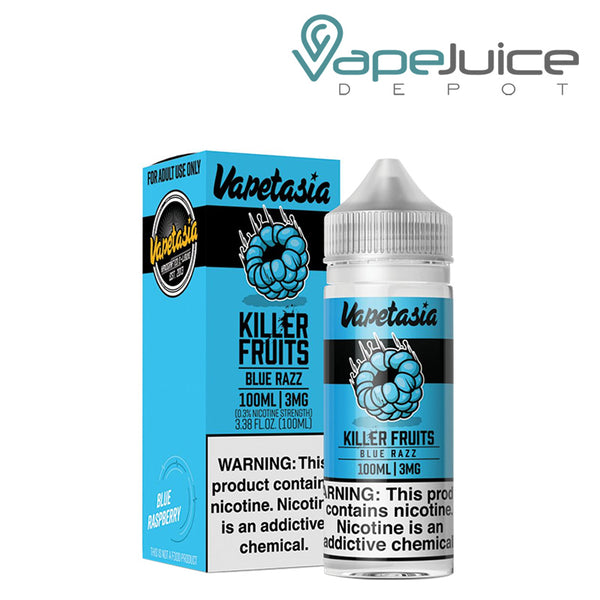 A box of Killer Fruits Blue Razz Vapetasia Synthetic eLiquid with a warning sign and a 100ml bottle next to it - Vape Juice Depot