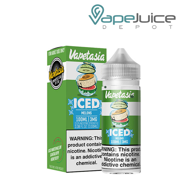 A box of Killer Fruits Iced Melons Vapetasia Synthetic eLiquid with a warning sign and a 100ml bottle next to it - Vape Juice Depot