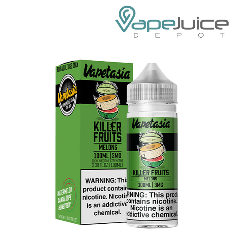 A box of Killer Fruits Melons Vapetasia Synthetic with a warning sign and a 100ml bottle next to it - Vape Juice Depot