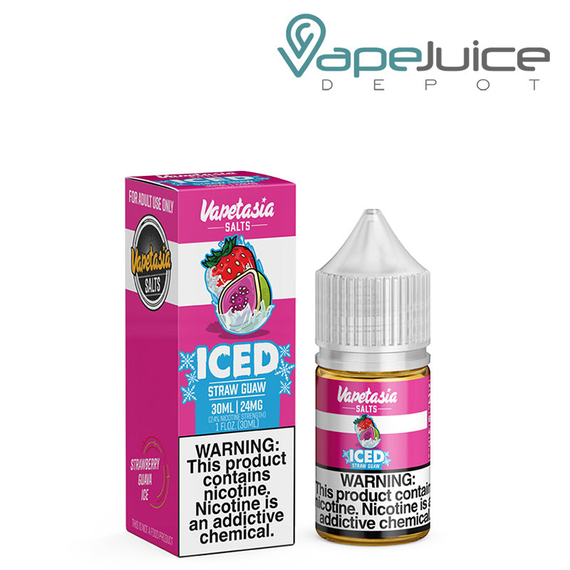 A box of Killer Fruits Straw Guaw Iced Salts Vapetasia Synthetic with a warning sign and a 30ml bottle next to it - Vape Juice Depot