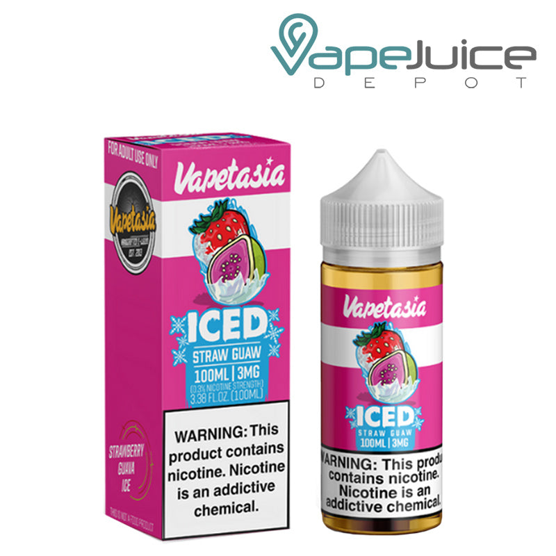 A box of Killer Fruits Straw Guaw Iced Vapetasia Synthetic with a warning sign and a 100ml bottle next to it - Vape Juice Depot