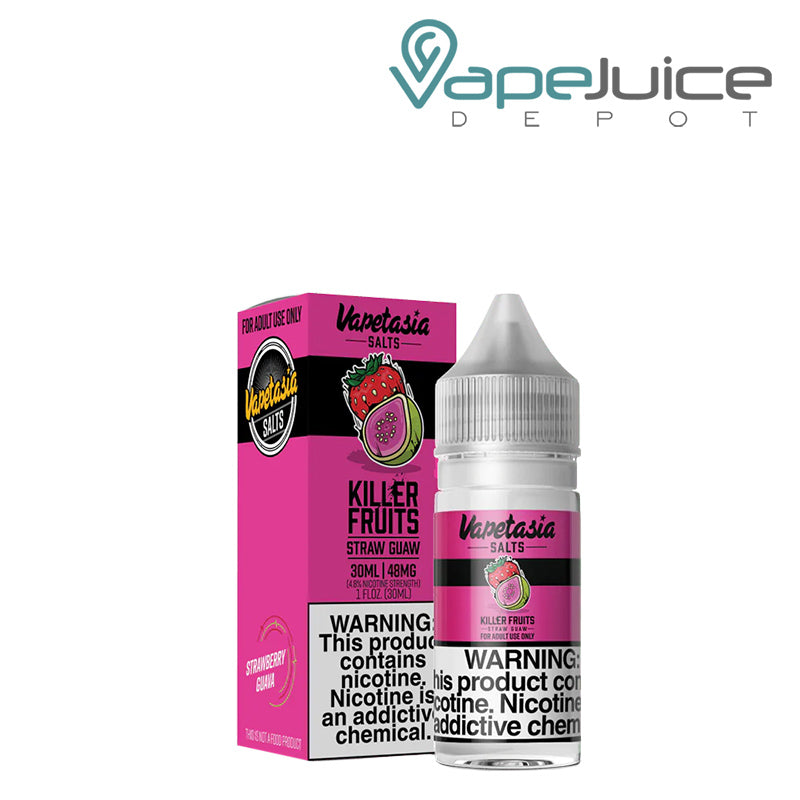 A box of Killer Fruits Straw Guaw Salts Vapetasia Synthetic with a warning sign and a 30ml bottle next to it - Vape Juice Depot