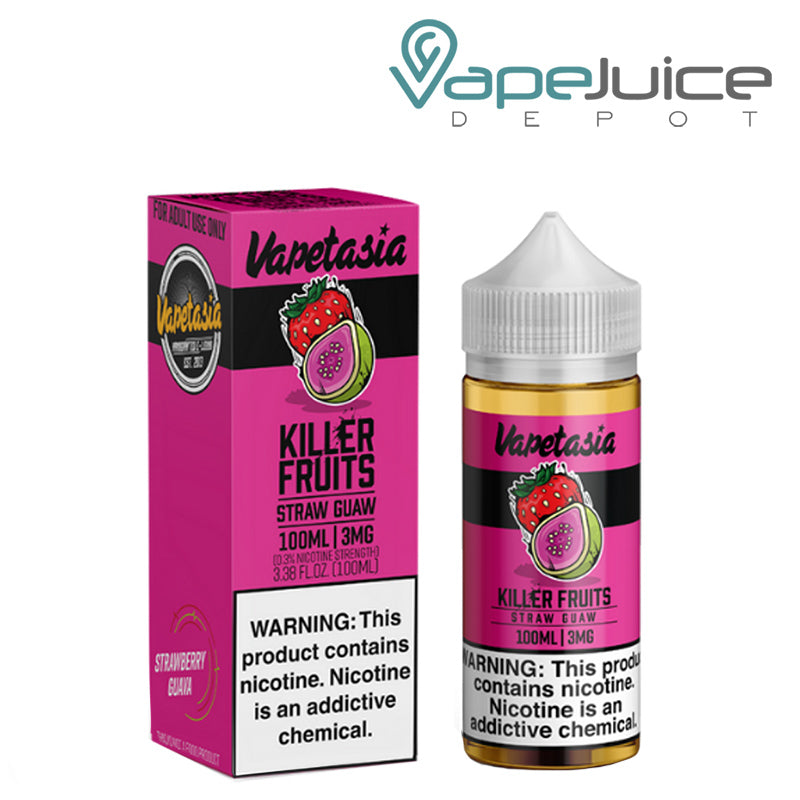 A box of Killer Fruits Straw Guaw Vapetasia Synthetic with a warning sign and a 100ml bottle next to it - Vape Juice Depot