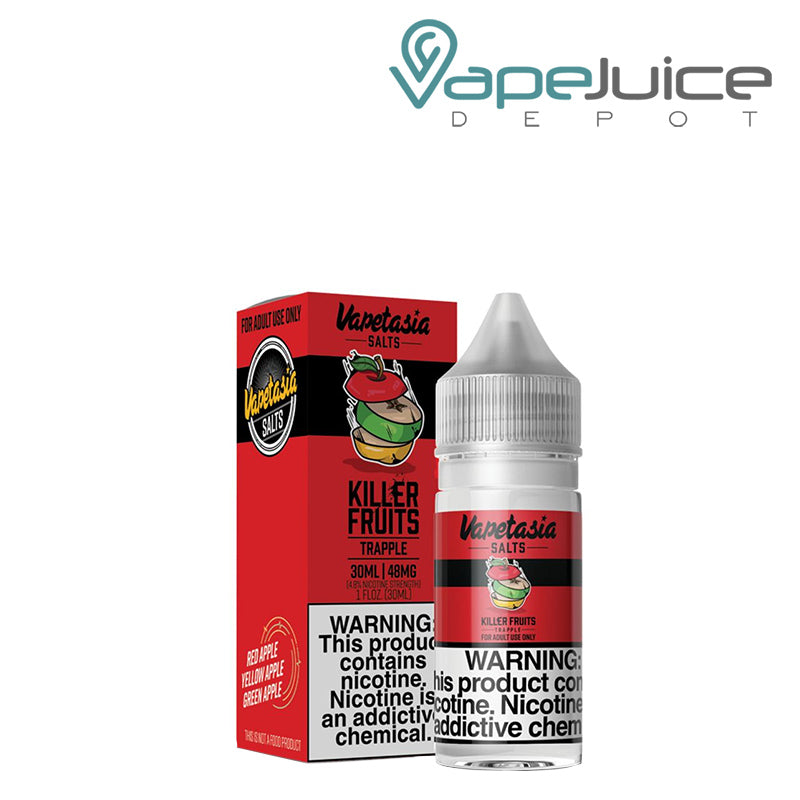 A box of Killer Fruits Trapple Salts Vapetasia Synthetic with a warning sign and a 30ml bottle next to it - Vape Juice Depot