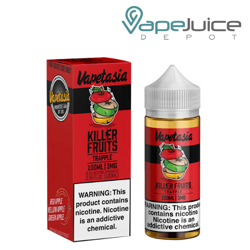 A box of Killer Fruits Trapple Vapetasia Synthetic with a warning sign and a 100ml bottle next to it - Vape Juice Depot