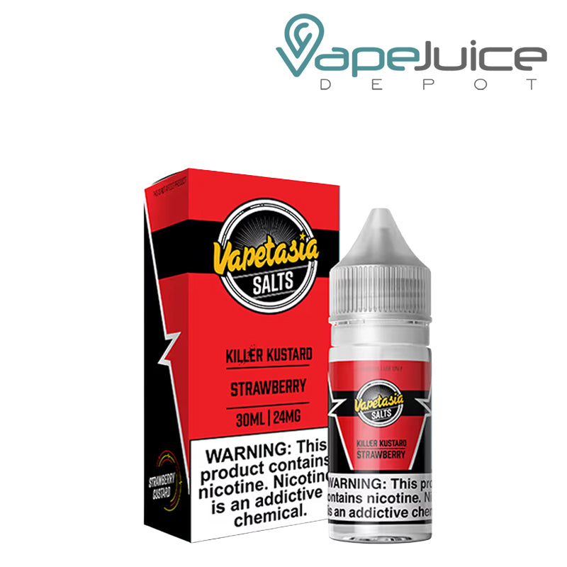 A box of Killer Kustard Strawberry Vapetasia Salts with a warning sign and a 30ml bottle next to it - Vape Juice Depot