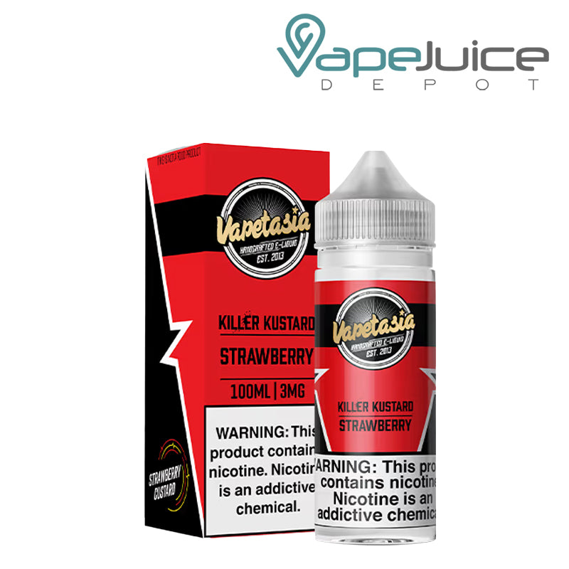 A box of  Killer Kustard Strawberry Vapetasia eLiquid with a warning sign and a 100ml bottle next to it - Vape Juice Depot