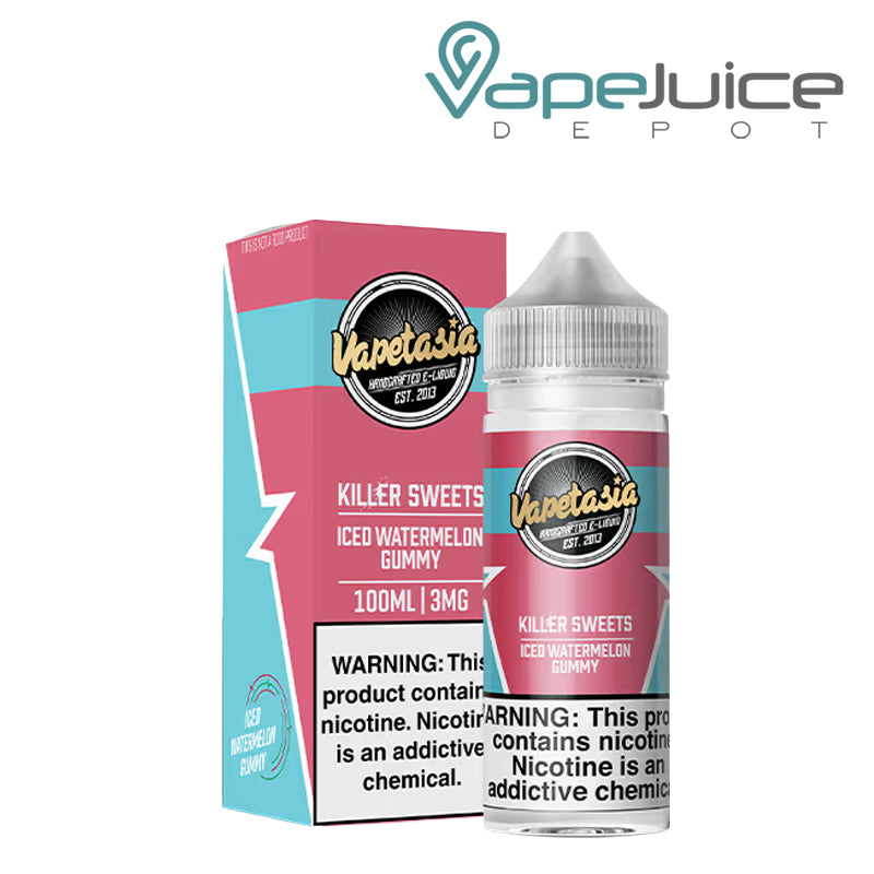A box of Killer Sweets Iced Watermelon Gummy Vapetasia Synthetic with a warning sign and a 100ml bottle next to it - Vape Juice Depot
