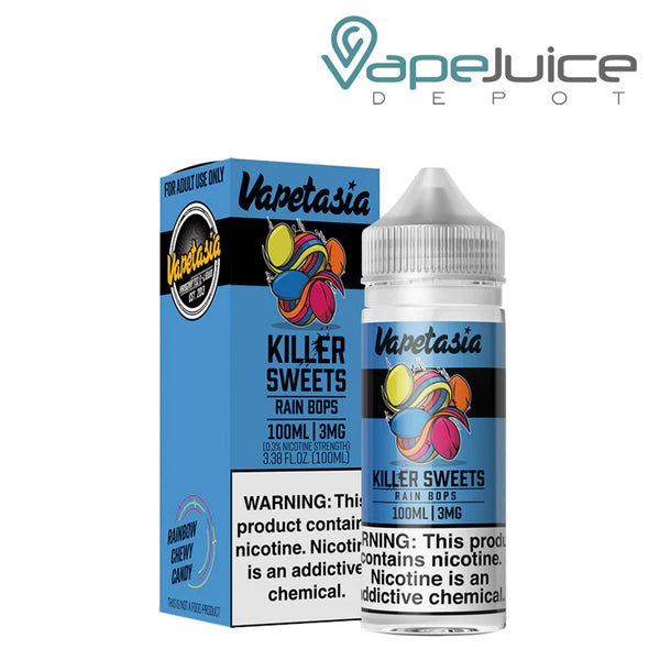 A Box of Killer Sweets Rain Bops Vapetasia Synthetic with a warning sign and a 100ml bottle next to it - Vape Juice Depot