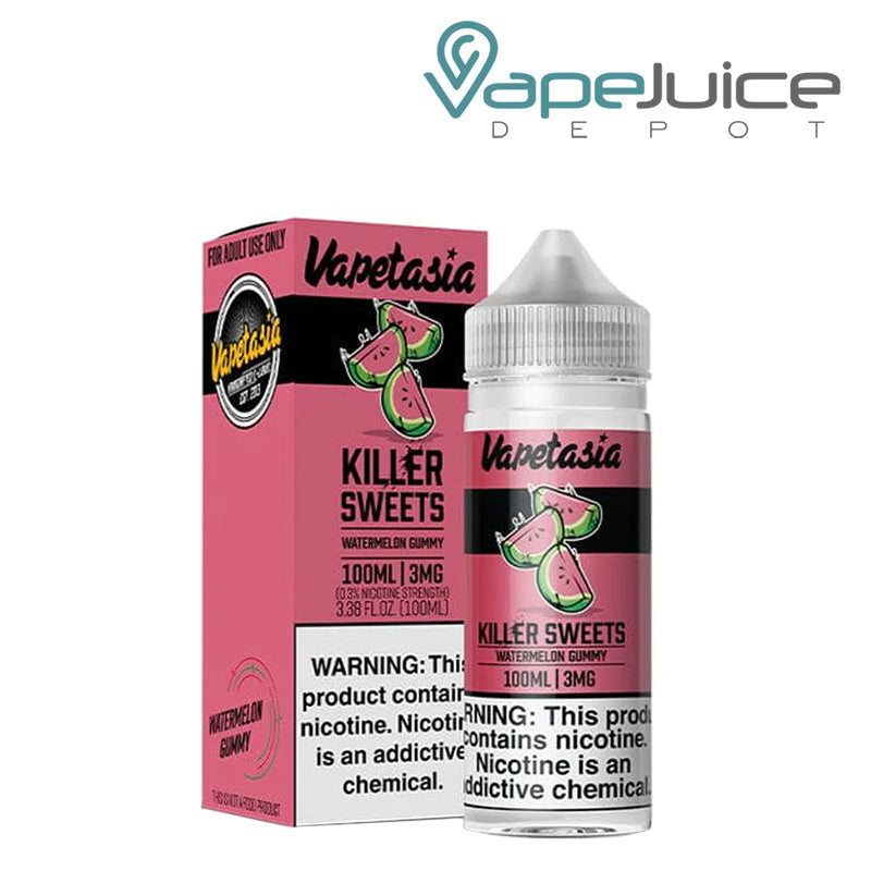 A box of Killer Sweets Watermelon Gummy Vapetasia Synthetic with a warning sign and a 100ml bottle next to it - Vape Juice Depot
