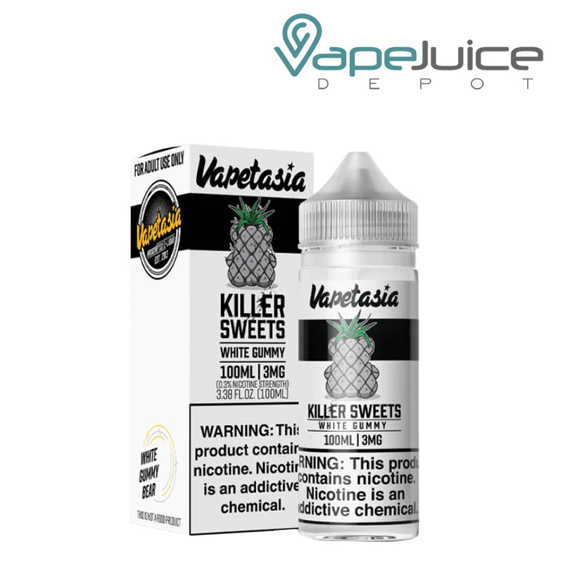 A Box of Killer Sweets White Gummy Vapetasia Synthetic eLiquid with a warning sign and a 100ml bottle next to it - Vape Juice Depot