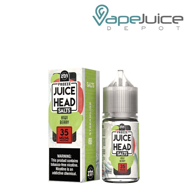 A bottle of 35mg Kiwi Berry TFN Salts Juice Head Freeze 30ml and a box with a warning sign next to it - Vape juice Depot