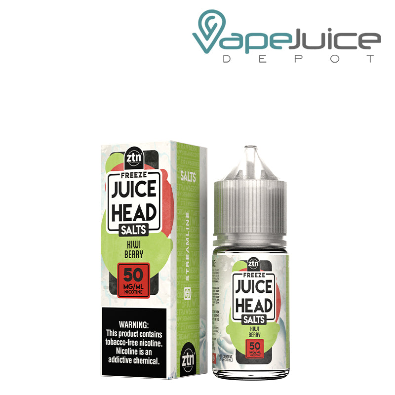 A bottle of 50mg Kiwi Berry TFN Salts Juice Head Freeze 30ml and a box with a warning sign next to it - Vape juice Depot