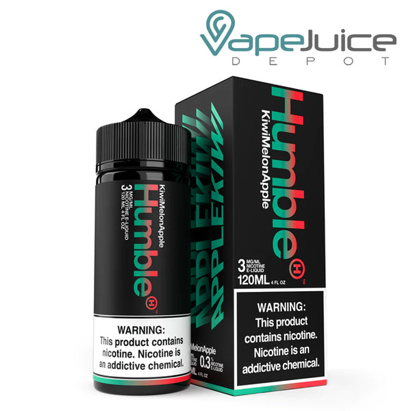 A 120ml bottle of Humble Kiwi Melon Apple TFN eLiquid with a warning sing and a box next to it - Vape Juice Depot