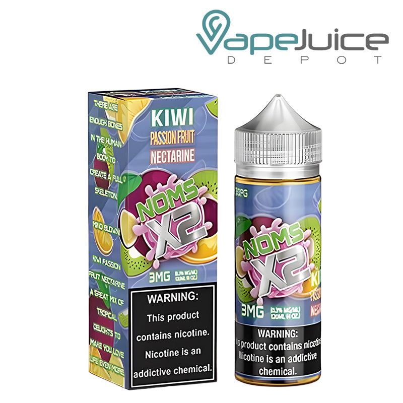 A Box Kiwi Passion Fruit Nectarine NOMS X2 with a warning sign and a 120ml bottle next to it - Vape Juice Depot