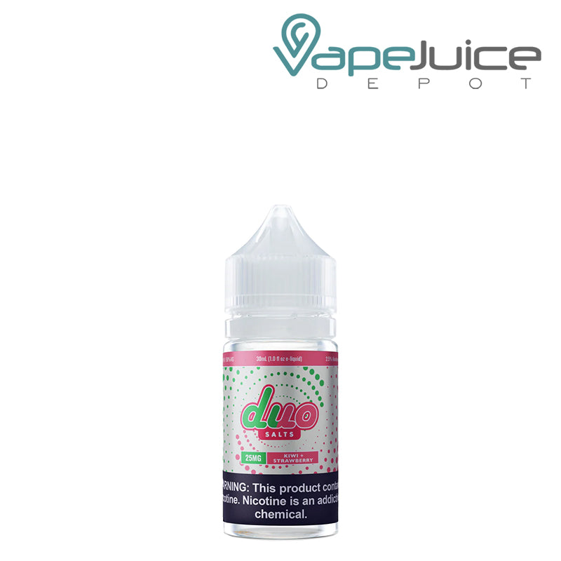 A 30ml bottle of Kiwi Strawberry Burst Duo Salts with a warning sign - Vape Juice Depot