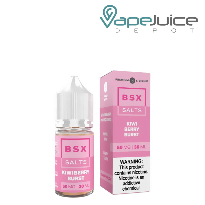 A 30ml bottle of Kiwi Berry Burst BSX Salts and a box with a warning sign next to it - Vape Juice Depot