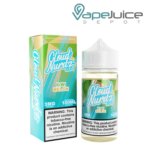 A box of ICED Kiwi Melon Cloud Nurdz eLiquid TFN and a 100ml bottle with a warning sign next to it - Vape Juice Depot