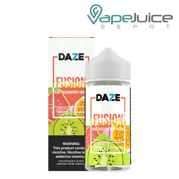 A box of Kiwi Passionfruit Guava 7 Daze Fusion with a warning sign and a 100ml bottle next to it - Vape Juice Depot