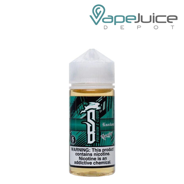 A 100ml bottle of Knockout Suicide Bunny TFN eLiquid with a warning sign - Vape Juice Depot