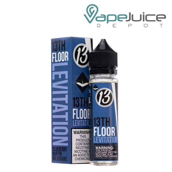 A box of LEVITATION 13th Floor Elevapors eLiquid with a warning sign and a 60ml bottle next to it - Vape Juice Depot